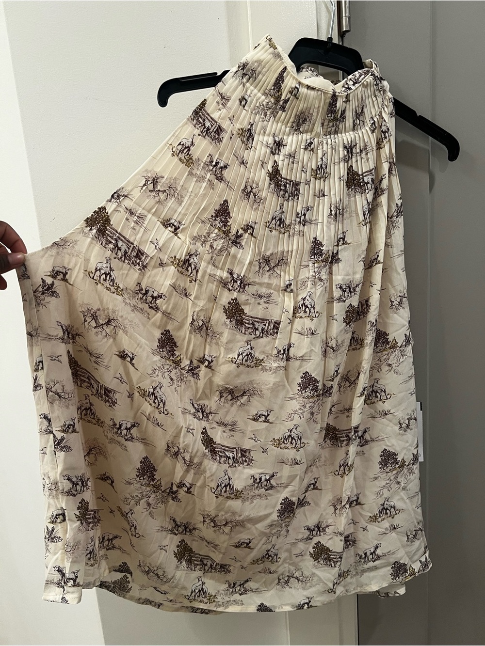 Pleated High Neck Blouse: Cream with Brown Print